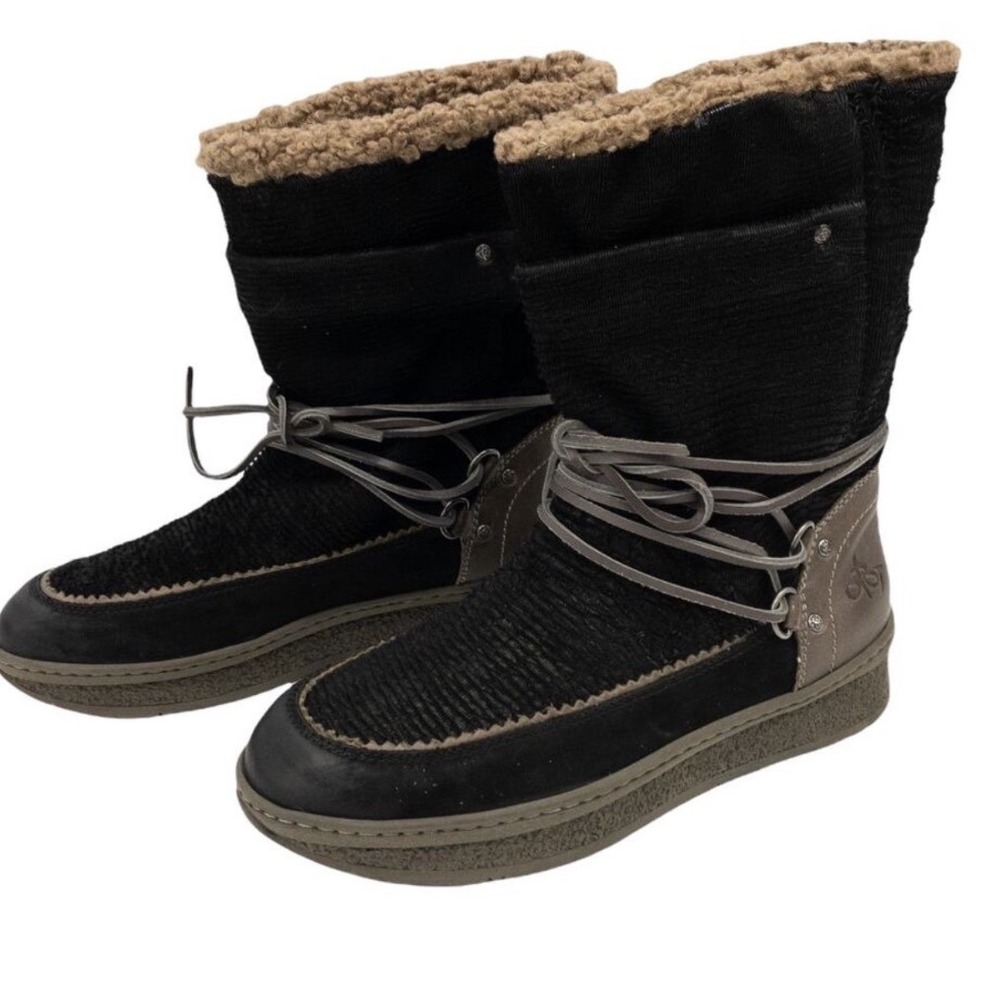 OTBT Womens Black Slope Faux Shearling Lined Winter Boots Mid Calf Wrap Lace